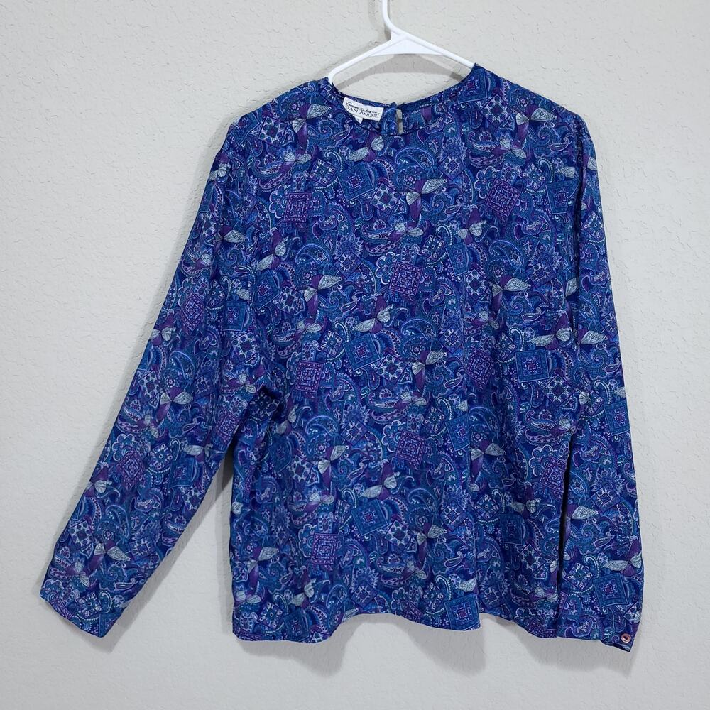 Vintage Blouse San Andre Womens Size 12 Blue Butterflies Paisley Office Dressy